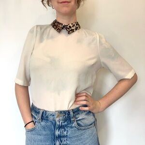 Sheer Cream Blouse with Leopard Print Collar